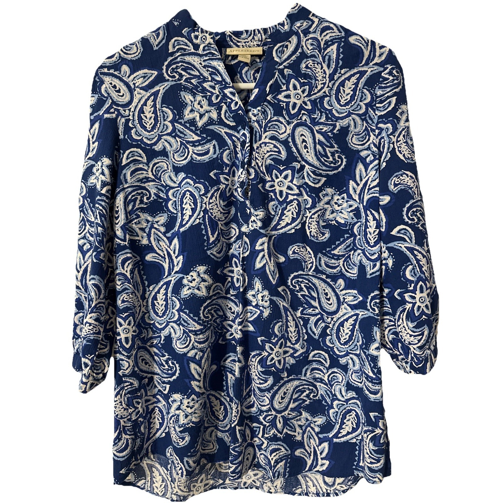 Appleseeds Blouse Sz Medium Shirt Blue 3/4 Sleeves Royal Blue & White